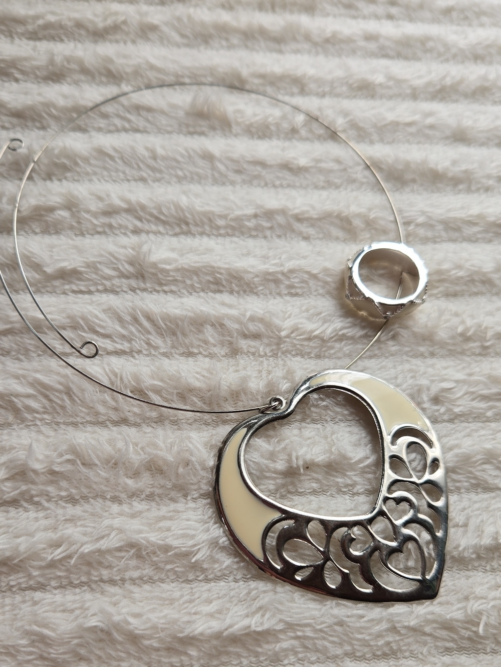 Silver Heart Pendant Necklace with Cream Inlay - Women Jewelry